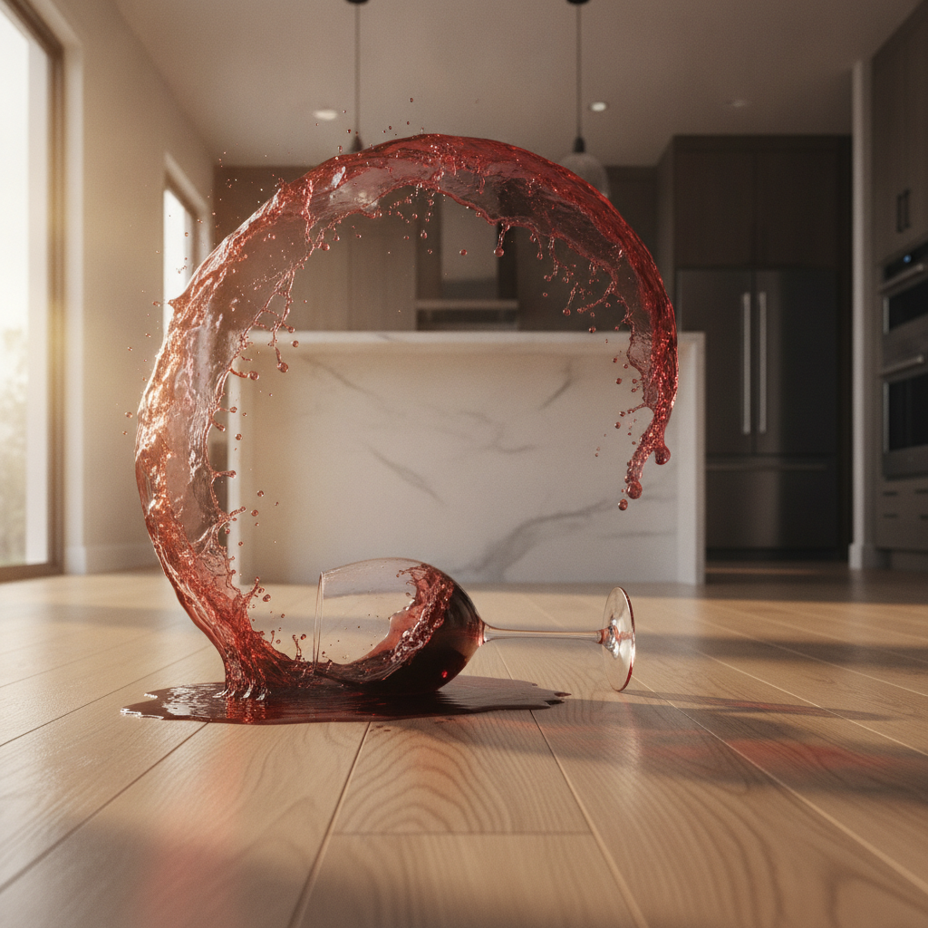 A dramatic photo of red wine spilling onto a light oak colored kitchen floor, symbolizing the risk of water damage to non-waterproof flooring.