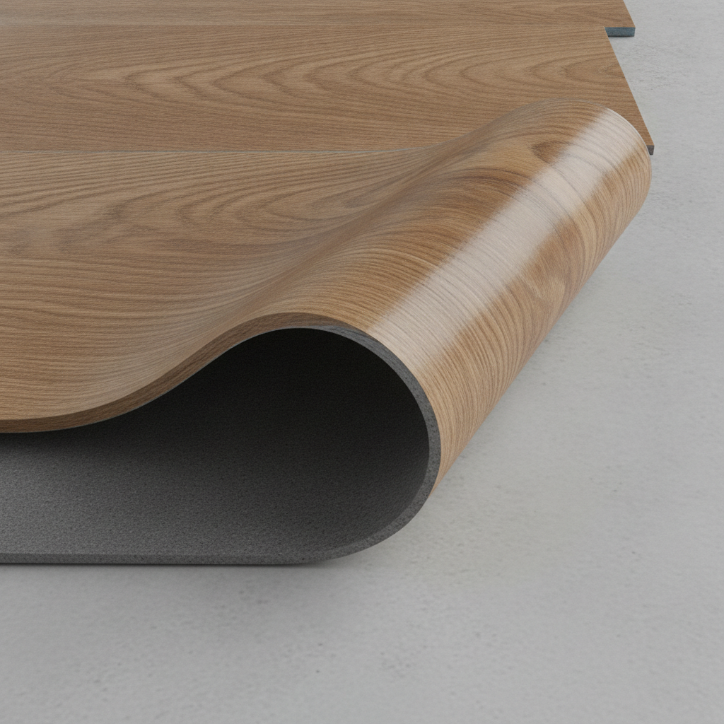 Close-up of a hybrid hardwood plank with a corner peeled back to show the real wood veneer layer and the waterproof SPC core.
