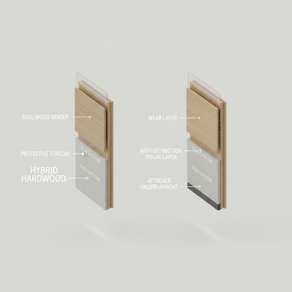 Cutaway diagram comparing the layers of Hybrid Hardwood and LVP flooring.