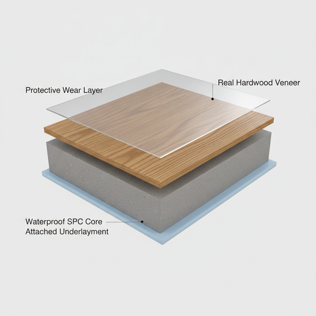 A detailed 3D cutaway illustration of a waterproof hybrid hardwood plank, showing its distinct layers: a protective wear layer, a real hardwood veneer, a waterproof SPC core, and an attached underlayment.