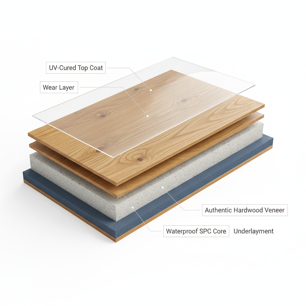 A 3D cutaway illustration showing the layers of a waterproof hybrid hardwood plank: UV-Cured Top Coat, Wear Layer, Authentic Hardwood Veneer, Waterproof SPC Core, and Attached Underlayment.
