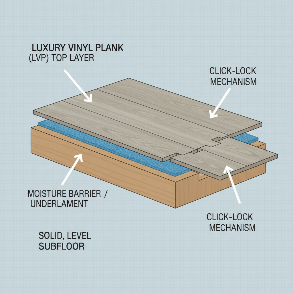 An infographic diagram showing the layers of a waterproof flooring system, including the subfloor, moisture barrier, and luxury vinyl planks.