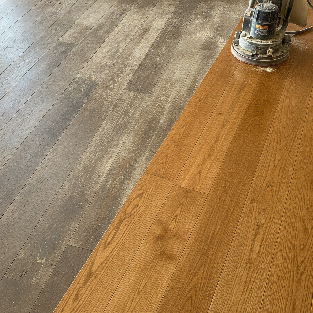 A split-image showing the restoration of an engineered wood floor. The left side is worn and scratched, while the right side is beautifully refinished and looks brand new, demonstrating the value of refinishing.