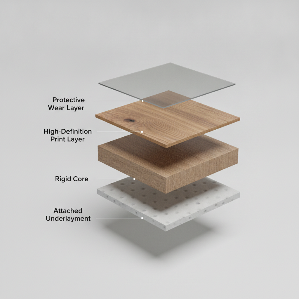 A 3D cross-section of a hybrid flooring plank showing its four layers: Protective Wear Layer, High-Definition Print Layer, Rigid Core, and Attached Underlayment.