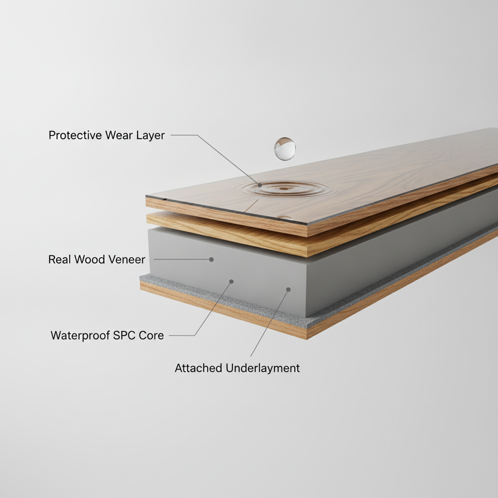 A cross-section diagram of a waterproof hybrid hardwood plank showing its four layers: protective wear layer, real wood veneer, waterproof SPC core, and attached underlayment.