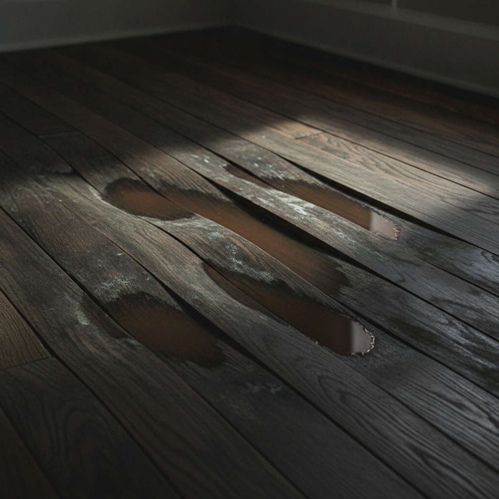 Severely warped and cupped hardwood floor showing extensive water damage, with dark, discolored planks and puddles of water.