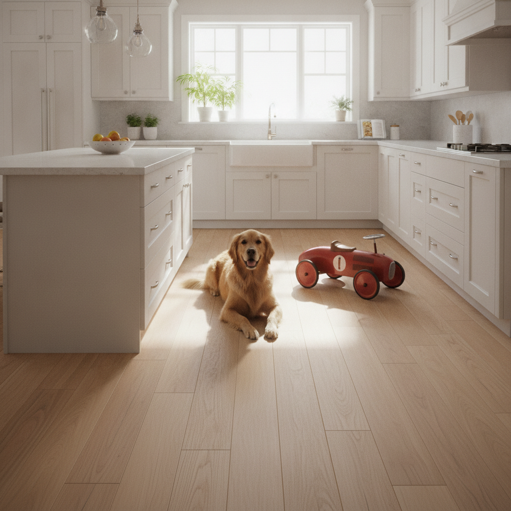 A modern family kitchen with light oak waterproof hybrid hardwood floors, a golden retriever, and a child's toy, showcasing style and durability.