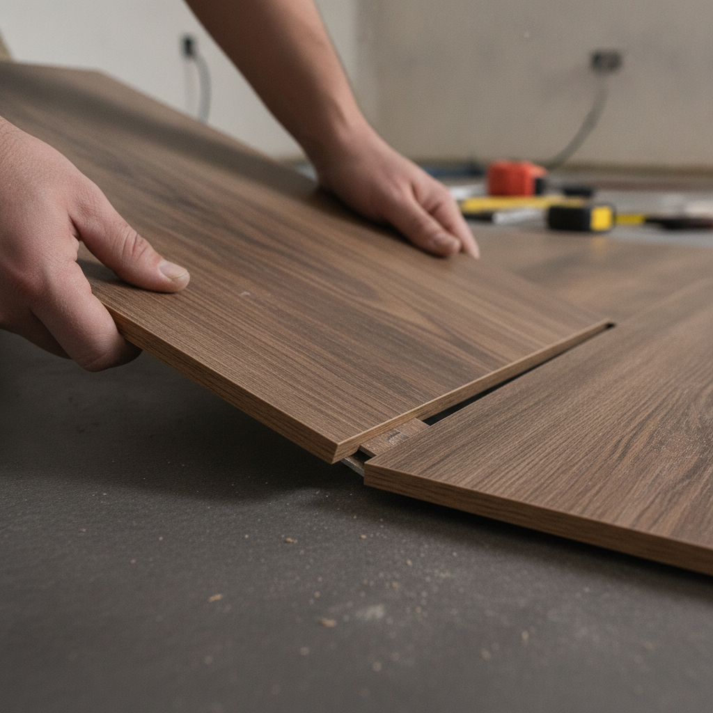 A close-up, detailed action shot from a low angle showing a person's hands carefully clicking two hybrid hardwood planks together. One plank is already on the subfloor, and the other is being lowered at an angle to engage the tongue-and-groove locking system. The focus should be on the clean, tight seam being formed, with the background slightly blurred. Style: cinematic, photorealistic, with a shallow depth of field.