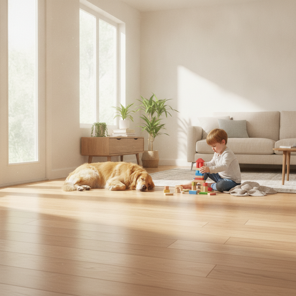 A golden retriever and a child playing on a beautiful, durable waterproof hybrid hardwood floor in a sunlit living room.
