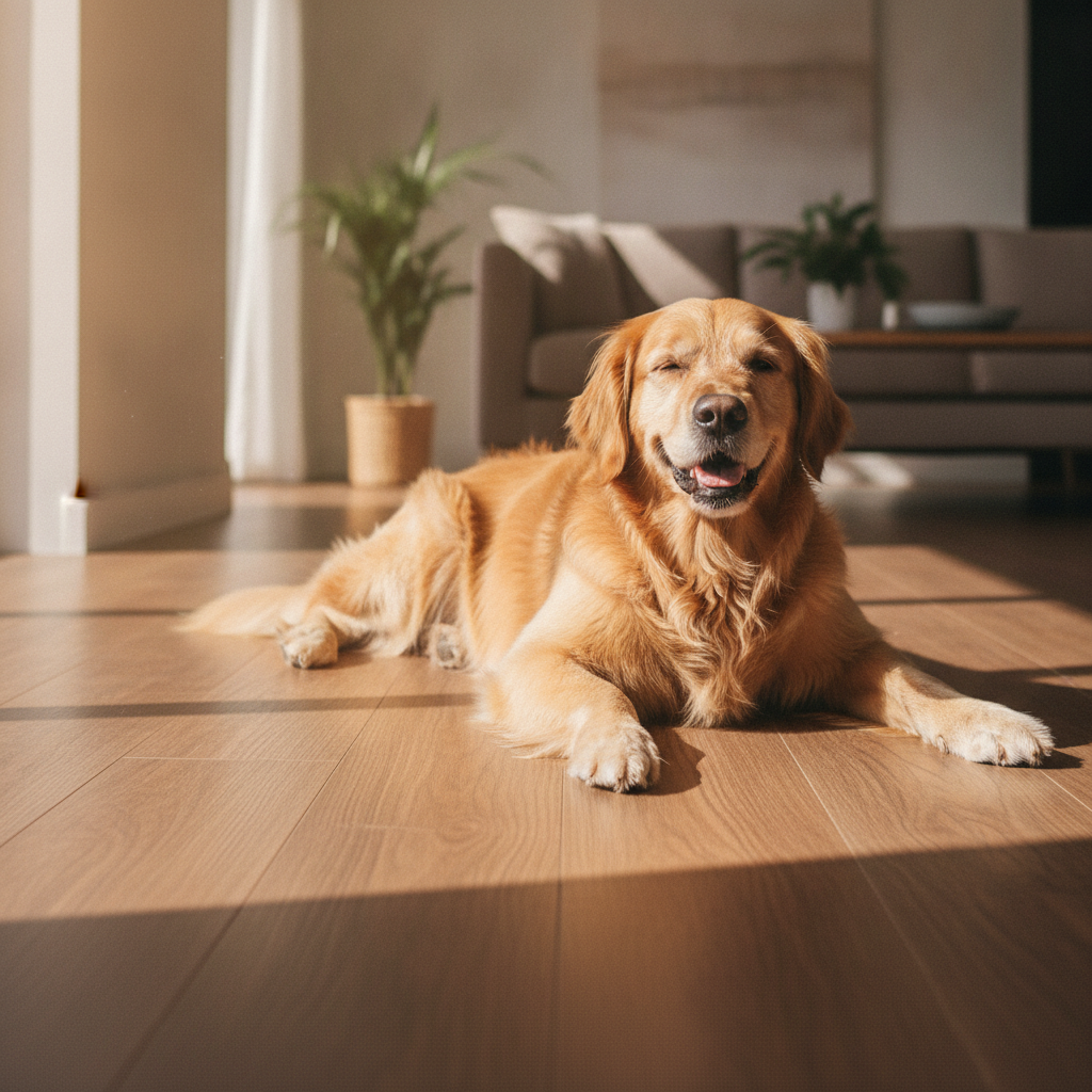 A happy Golden Retriever lounging on a flawless waterproof hybrid hardwood floor in a sunlit room, demonstrating the harmony between pets and beautiful flooring.