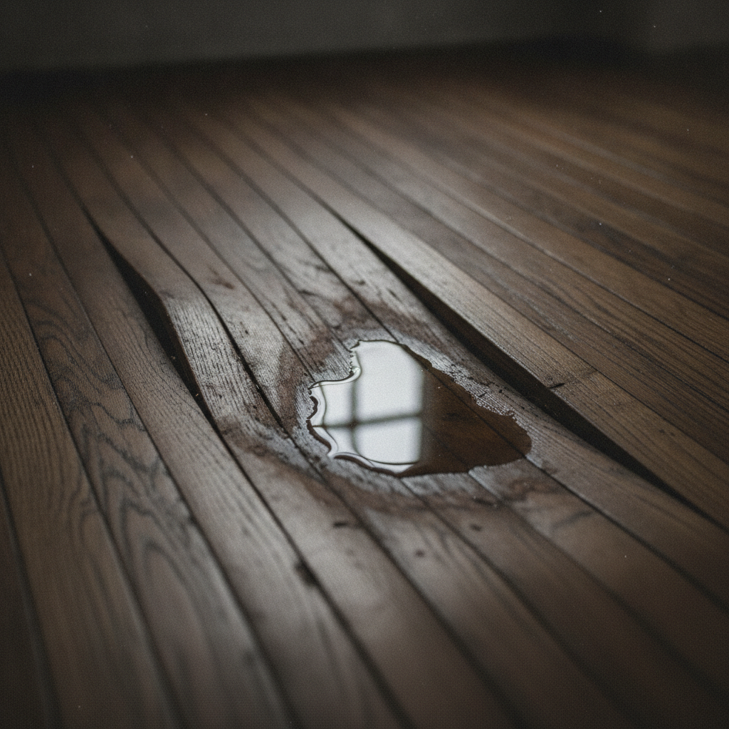 Close-up of a traditional hardwood floor with severe water damage, showing warped, cupping, and buckling planks.