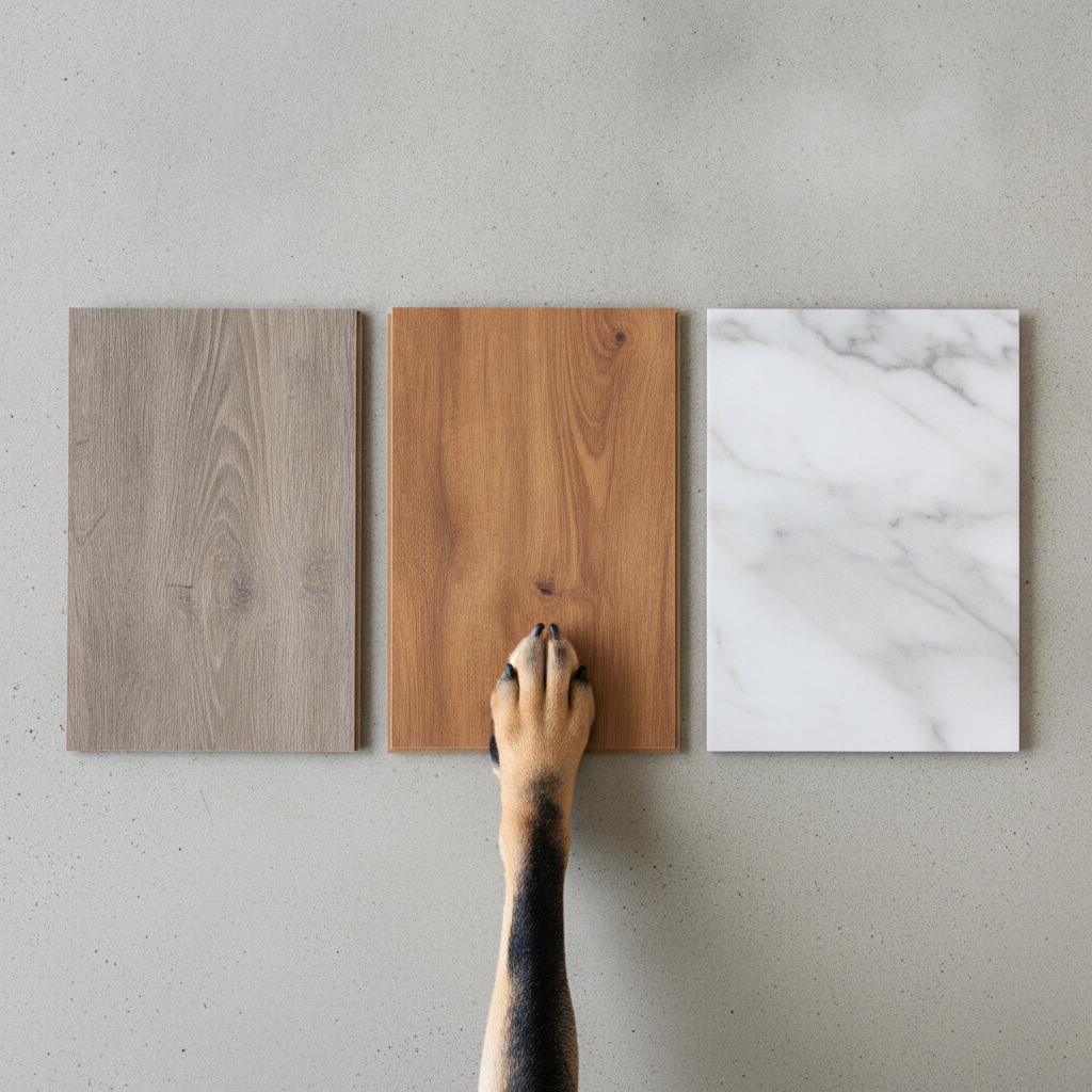A dynamic, top-down flat lay composition showcasing three different flooring samples side-by-side on a neutral background. From left to right: a plank of realistic wood-look Luxury Vinyl (LVP), a plank of durable laminate, and a large format Porcelain Tile. A single, clean dog paw is playfully placed in the center, touching all three samples, symbolizing the pet-owner's choice. The lighting is bright and even, highlighting the textures and finishes of each material. Style: clean, commercial product photography.