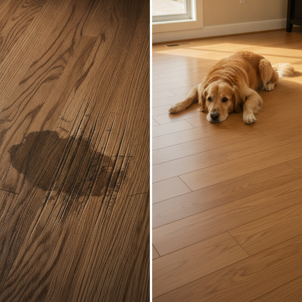 Split-screen comparison showing a scratched and stained hardwood floor versus a pristine Bravewood floor with a happy Golden Retriever.