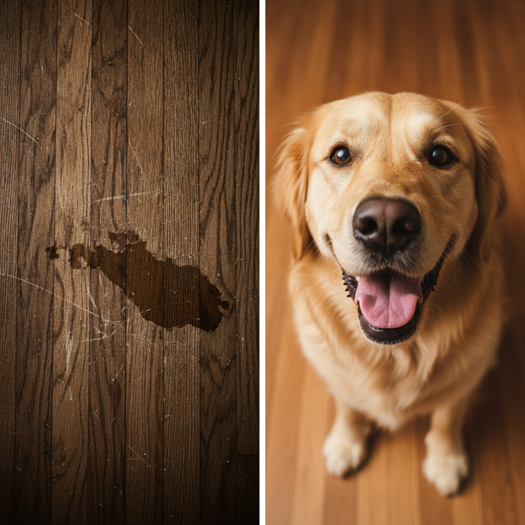 A split-screen image contrasting a hardwood floor with pet scratches and a stain against a happy, innocent-looking golden retriever.
