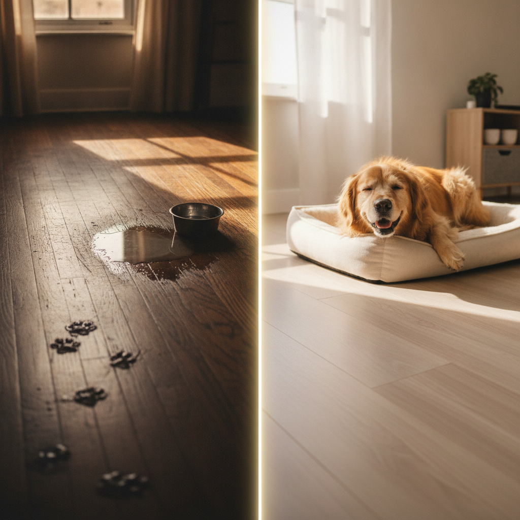 A split-screen image comparing a scratched, damaged floor with a pristine floor where a happy dog rests, illustrating the pet owner's flooring dilemma.