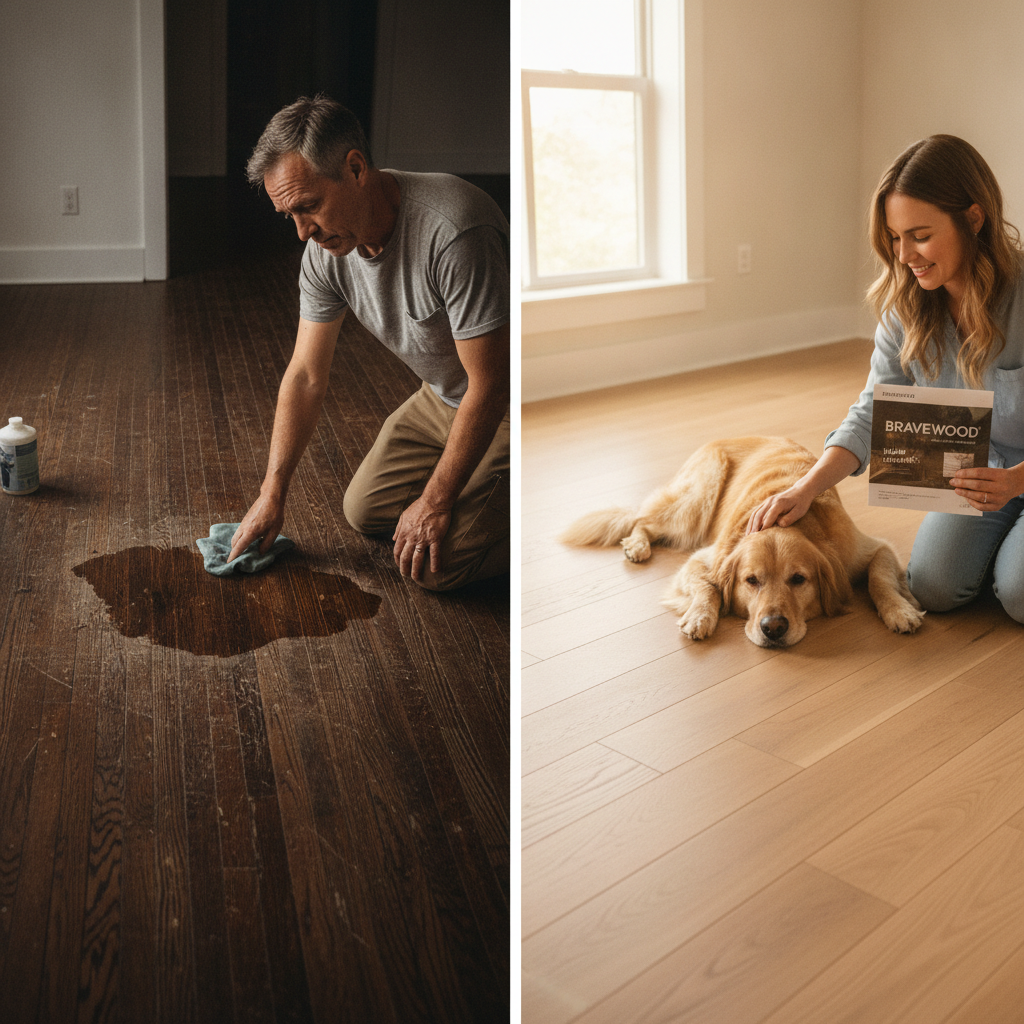 Split-screen image comparing a damaged traditional floor with pet stains and scratches to a pristine Bravewood floor where a happy dog rests peacefully.