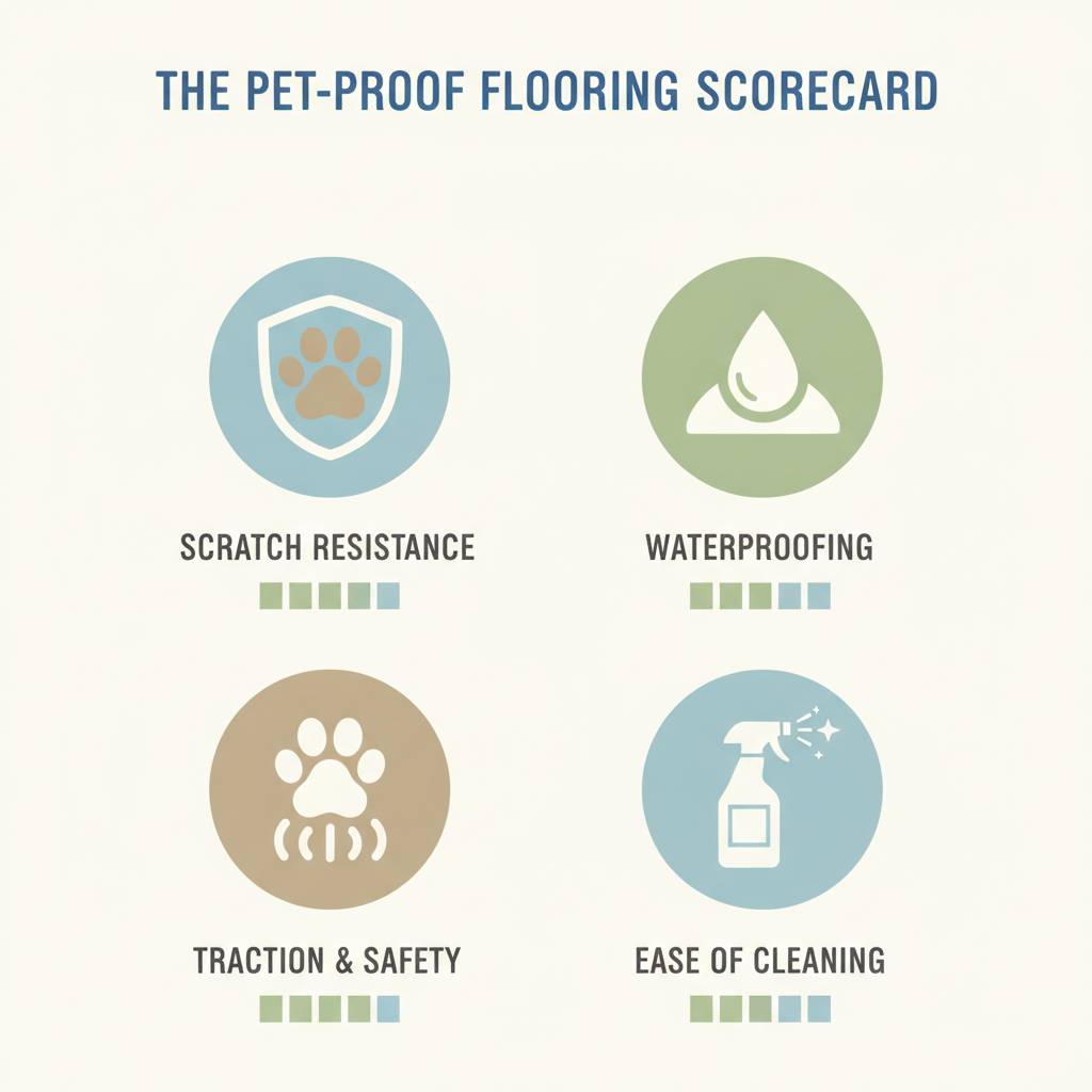 Infographic: The Pet-Proof Flooring Scorecard, showing icons for scratch resistance, waterproofing, traction and safety, and ease of cleaning.