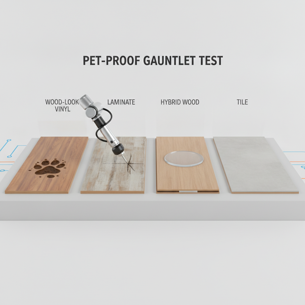 A 3D render showing scratch, water, and stain tests being performed on different pet-friendly flooring samples.