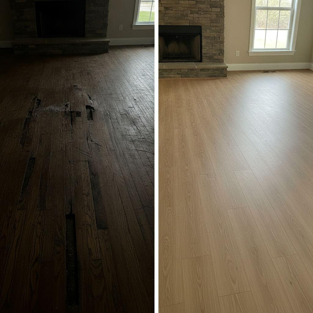 Split-screen comparison: left side shows a damaged real hardwood floor with scratches and water warping; right side shows a flawless modern wood-look vinyl floor in the same room.