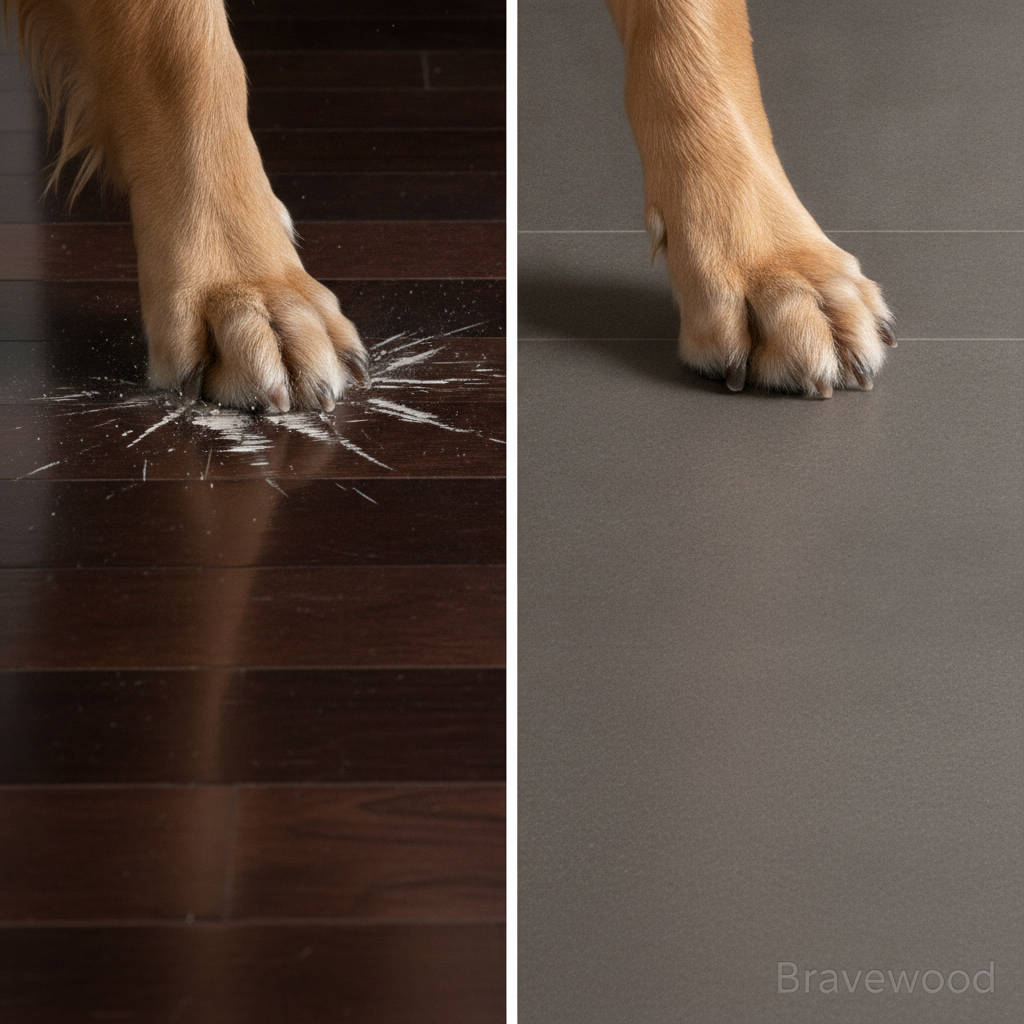 Split-panel image showing a dog's paw scratching a traditional wood floor on the left, and the same paw not marking a scratch-resistant Bravewood floor on the right.