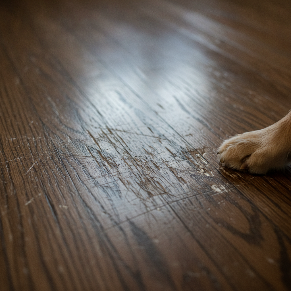 Close-up of a hardwood floor heavily damaged with scratches and scuffs, with a dog's paw resting on the surface to show the cause.