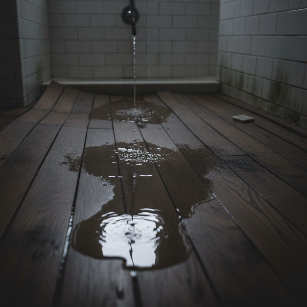 A close-up photograph showing severely warped and buckled hardwood flooring in a bathroom due to water damage.