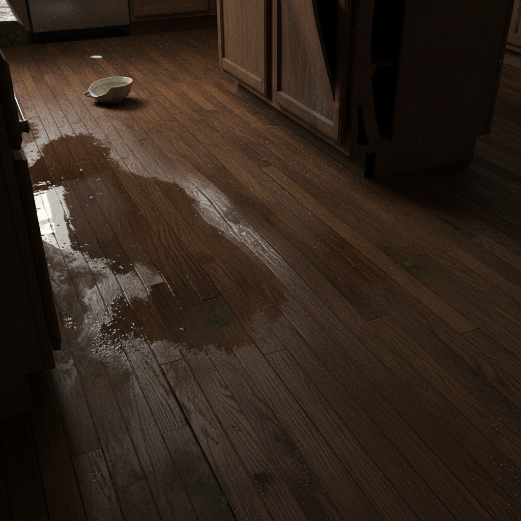 A close-up view of a severely water-damaged hardwood floor, with planks cupped and buckled, demonstrating the effects of moisture.