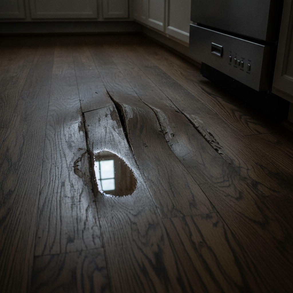 A dramatic close-up of a traditional hardwood floor suffering from severe water damage, with planks cupped and buckled.