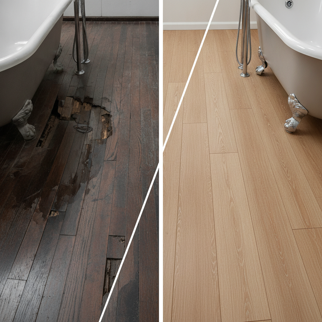A split-screen comparison showing a water-damaged, warped hardwood floor on the left and a perfect, pristine waterproof hybrid hardwood floor on the right in the same bathroom.