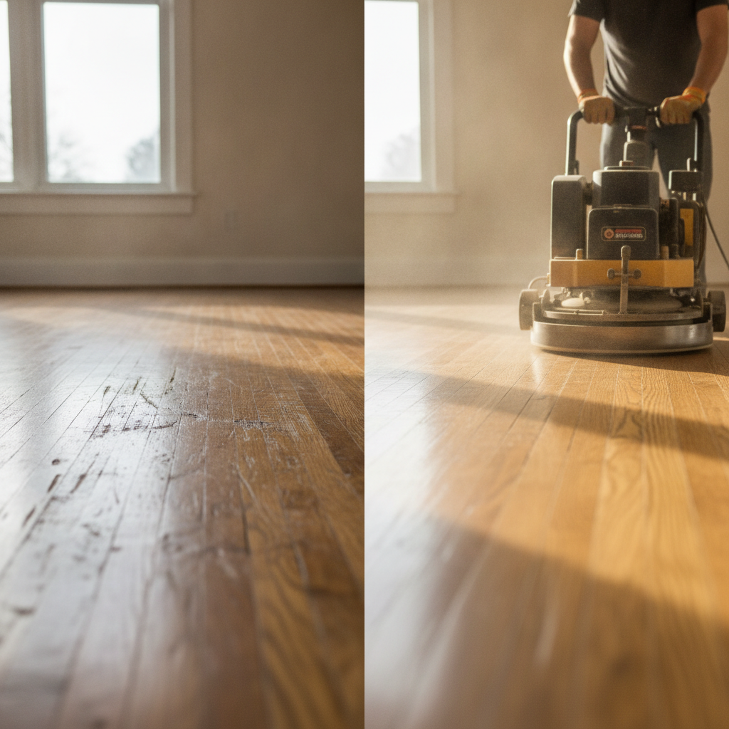 Before and after shot of a solid hardwood floor being refinished, showing the transformation from scratched and worn to new and pristine.
