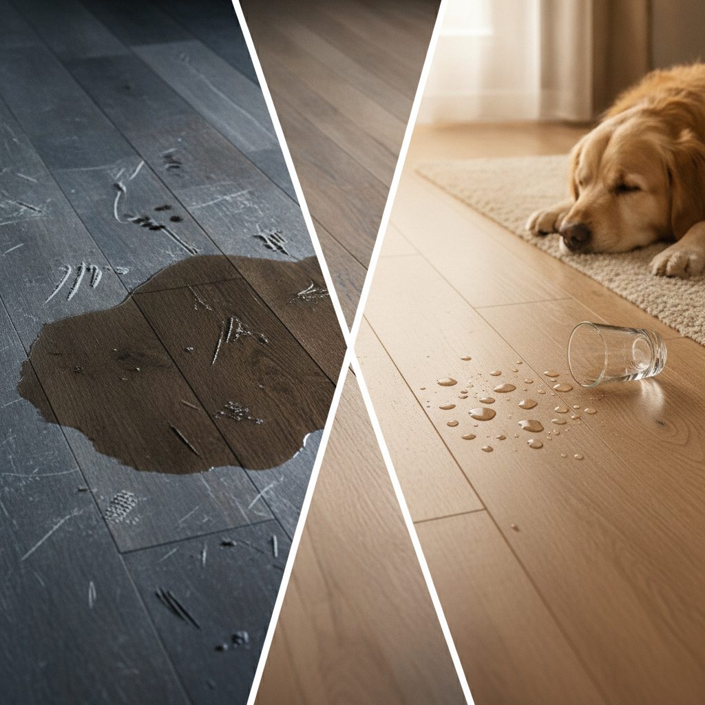 The Resilience of Waterproof Flooring A dramatic split-screen image showing a traditional hardwood floor warping from a water spill on one side, and a pristine waterproof hybrid hardwood floor with water beading on the surface on the other side.