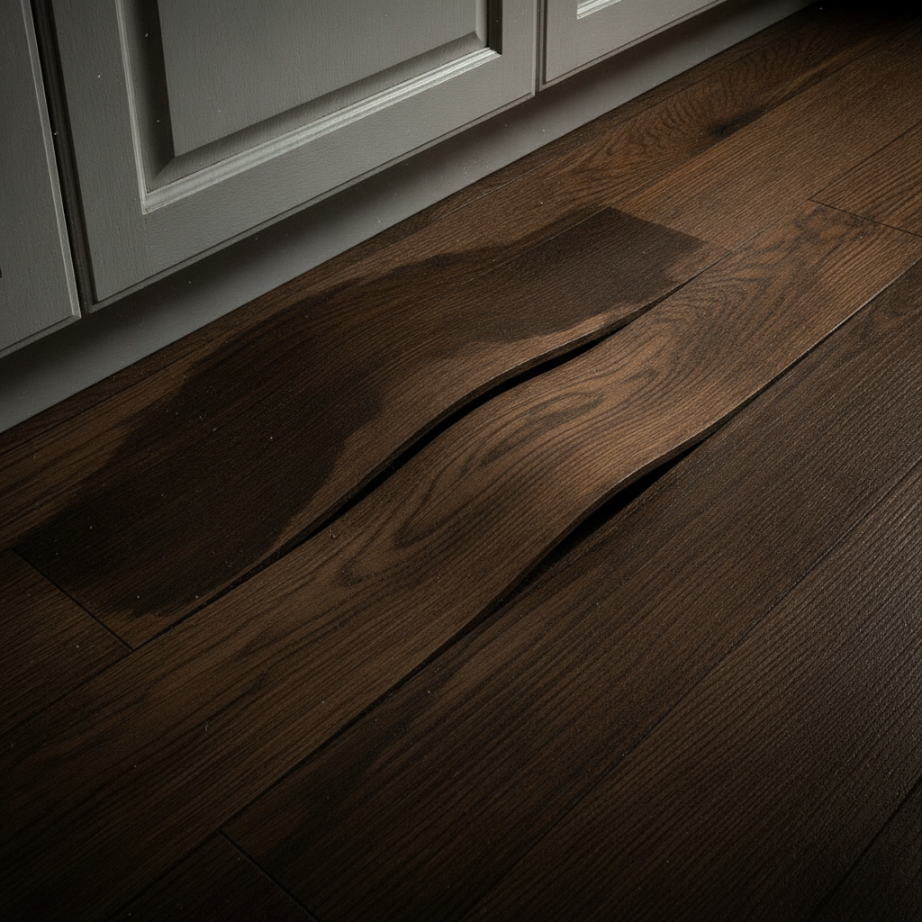 A close-up shot of severely water-damaged traditional hardwood floor planks, showing cupping and buckling next to a cabinet base.
