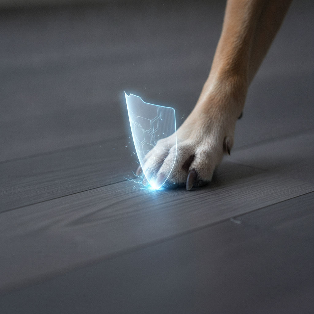 A cinematic macro shot focusing on a dog's paw with claws extended, attempting to scratch a modern, matte-finish hardwood floor. A glowing, transparent shield effect, representing the aluminum oxide wear layer, deflects the scratch, creating a subtle, clean spark. The style is slightly stylized and high-tech to emphasize the protective technology, with a shallow depth of field focusing on the point of impact.