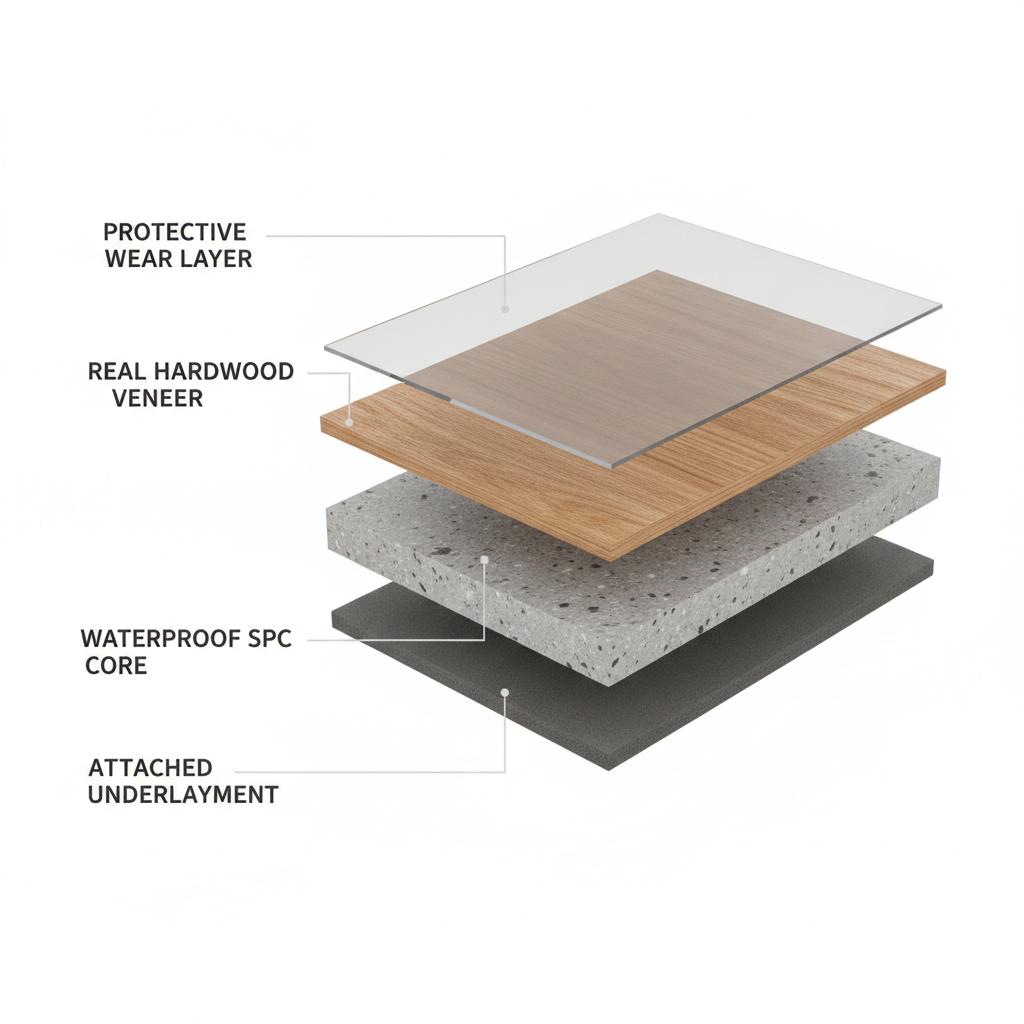 A cross-section diagram of a waterproof hybrid hardwood plank showing its layers: protective wear layer, real hardwood veneer, waterproof SPC core, and attached underlayment.