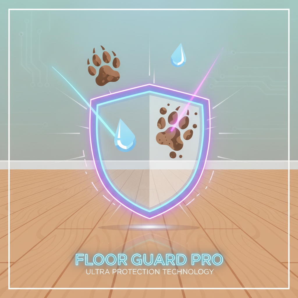 Illustration of a protective shield over a wood-look floor, deflecting icons of a claw, water droplet, and paw print, symbolizing durability.