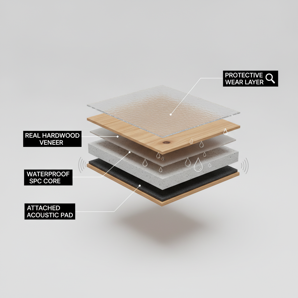 A 3D cutaway diagram showing the layers of waterproof hybrid hardwood: Protective Wear Layer, Real Hardwood Veneer, Waterproof SPC Core, and Attached Acoustic Pad.