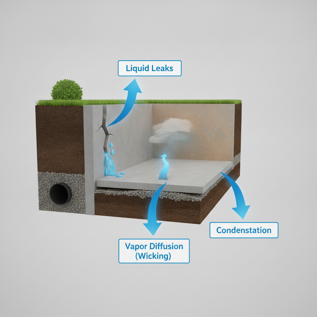 Infographic diagram showing a cross-section of a house foundation illustrating three sources of basement moisture: Liquid Leaks through a crack, Vapor Diffusion wicking through the concrete slab from soil, and Condensation forming on the cool wall from warm air.