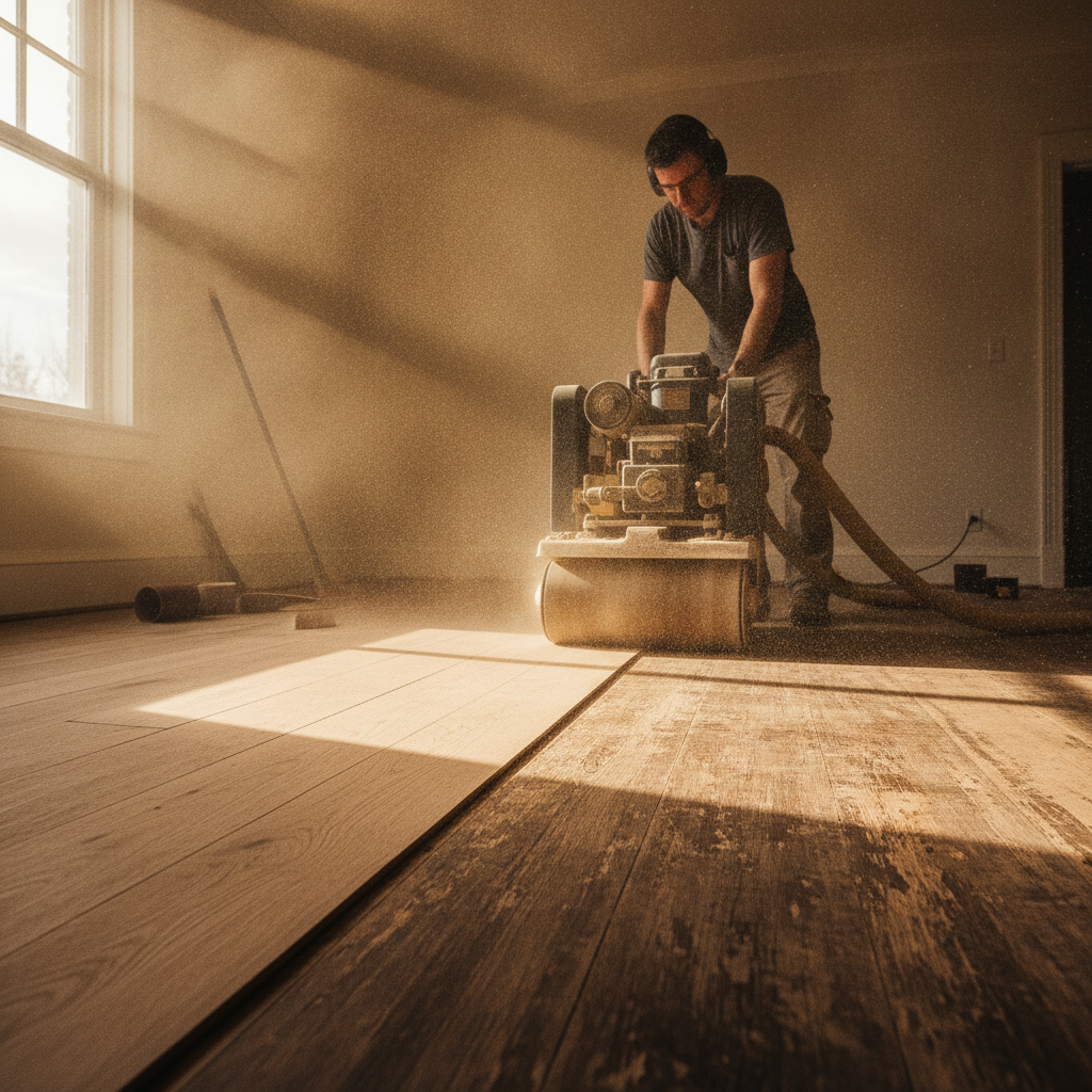 A professional sands a traditional solid hardwood floor, revealing fresh wood beneath the old finish, symbolizing the floor's longevity and ability to be renewed.