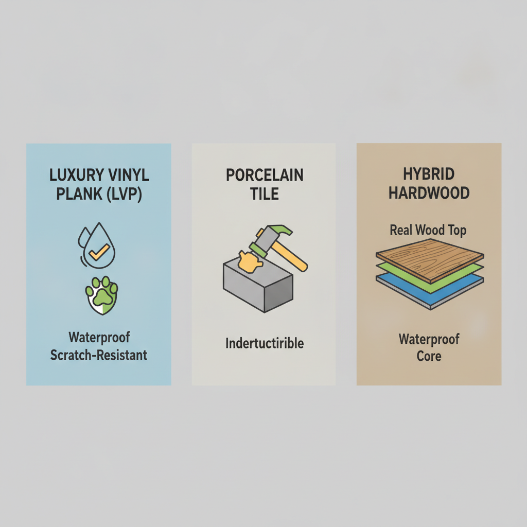 Infographic comparing Luxury Vinyl Plank, Porcelain Tile, and Hybrid Hardwood as pet-proof flooring options.