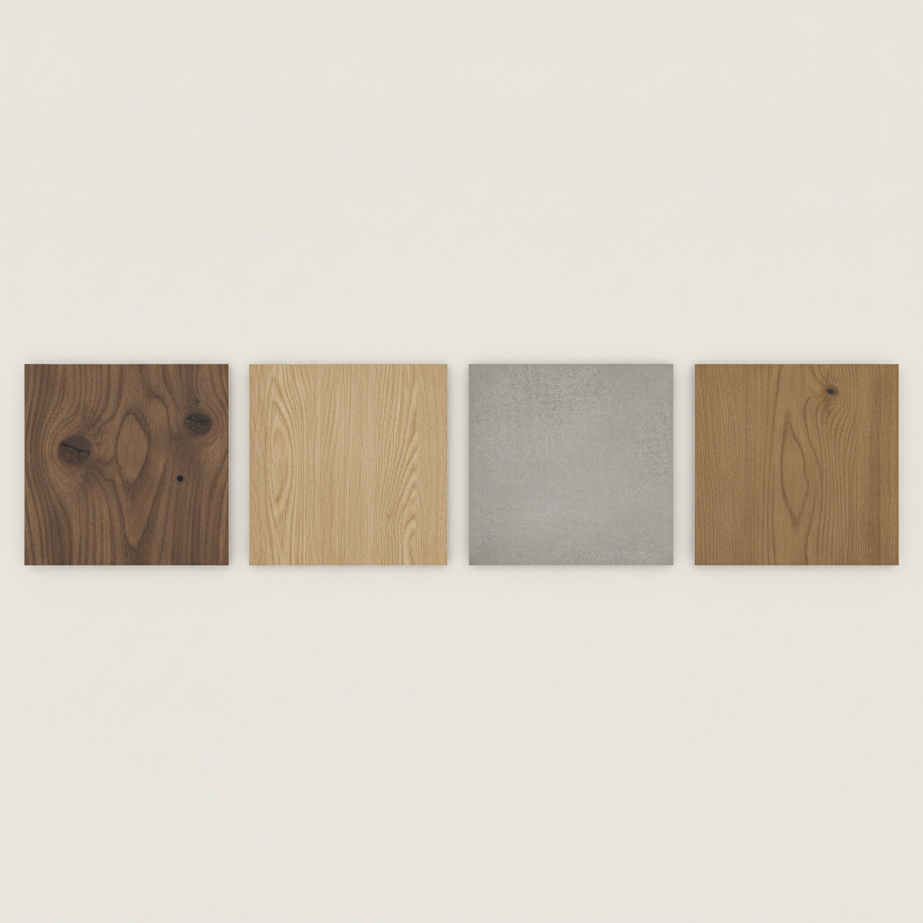 A flat-lay photo showing four samples of waterproof flooring: Hybrid Hardwood, Luxury Vinyl Plank, Porcelain Tile, and Waterproof Laminate.