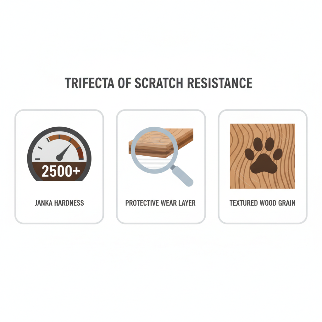 Infographic showing three icons for scratch resistance: a Janka Hardness scale, a magnifying glass on a thick wear layer, and a paw print on textured wood grain.