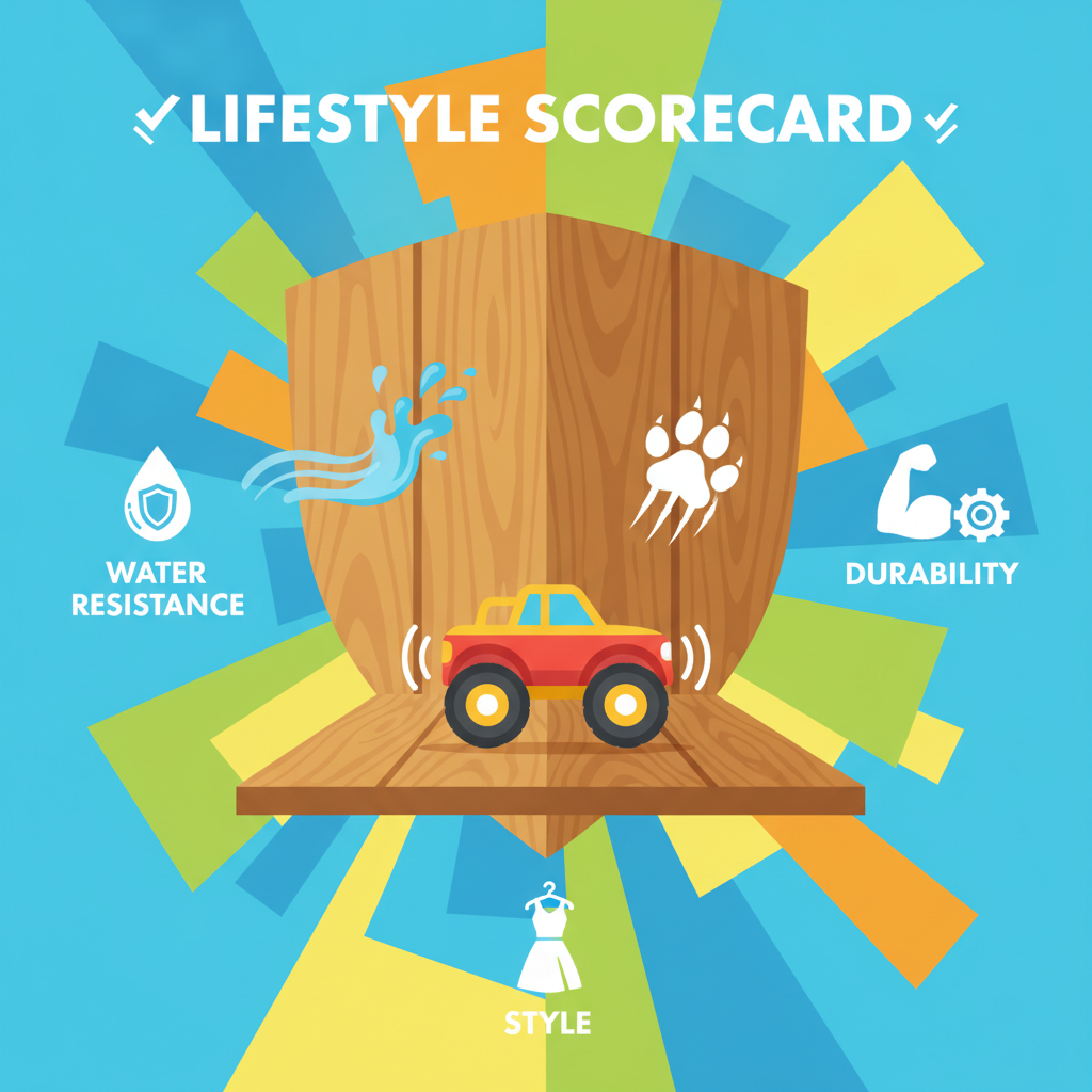 Illustration of a durable wood-look floor plank acting as a shield, repelling water, a dog's claw, and a toy truck.