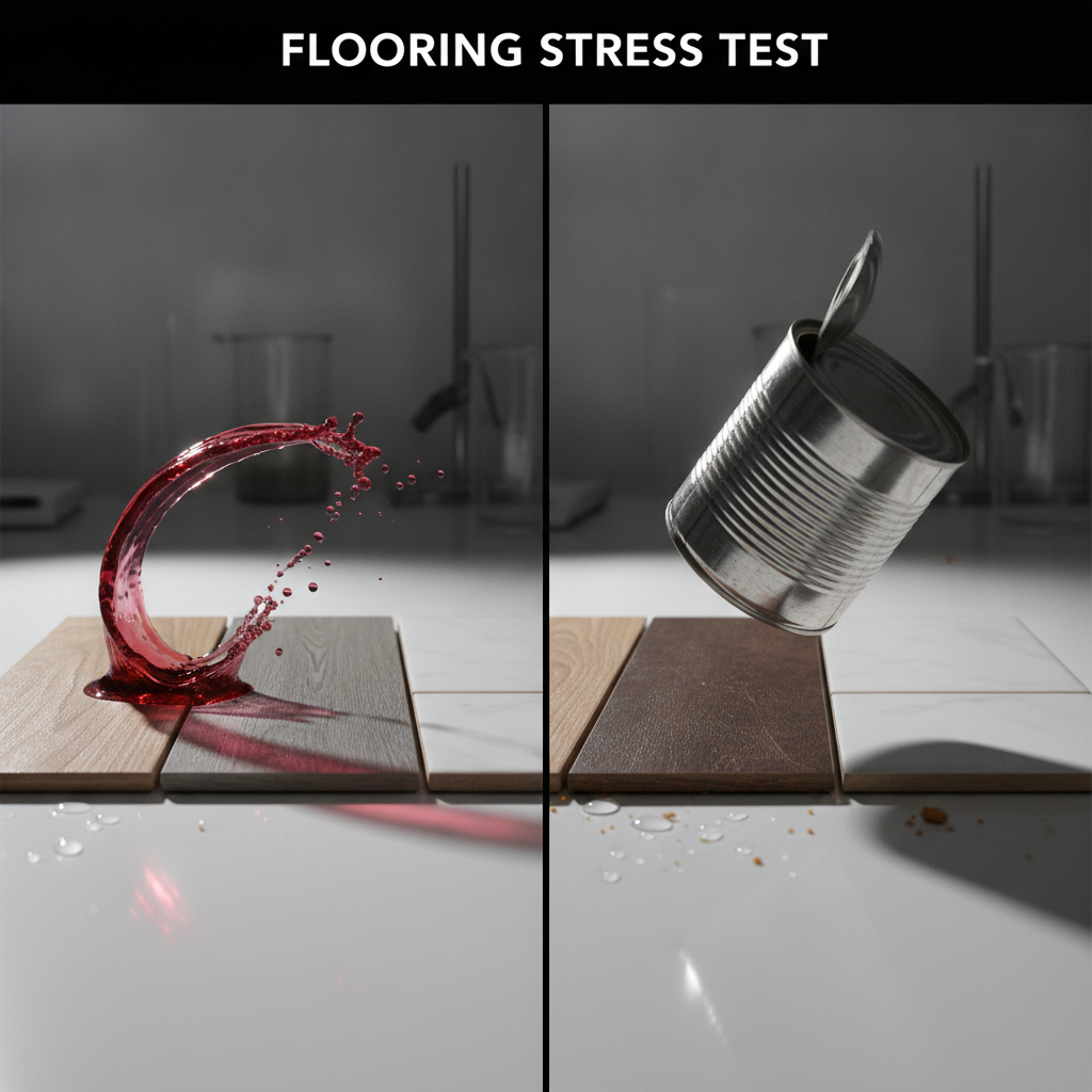 A split-panel image showing a flooring stress test with samples of hybrid hardwood, LVP, laminate, and tile being subjected to spilled red wine and a dropped can.