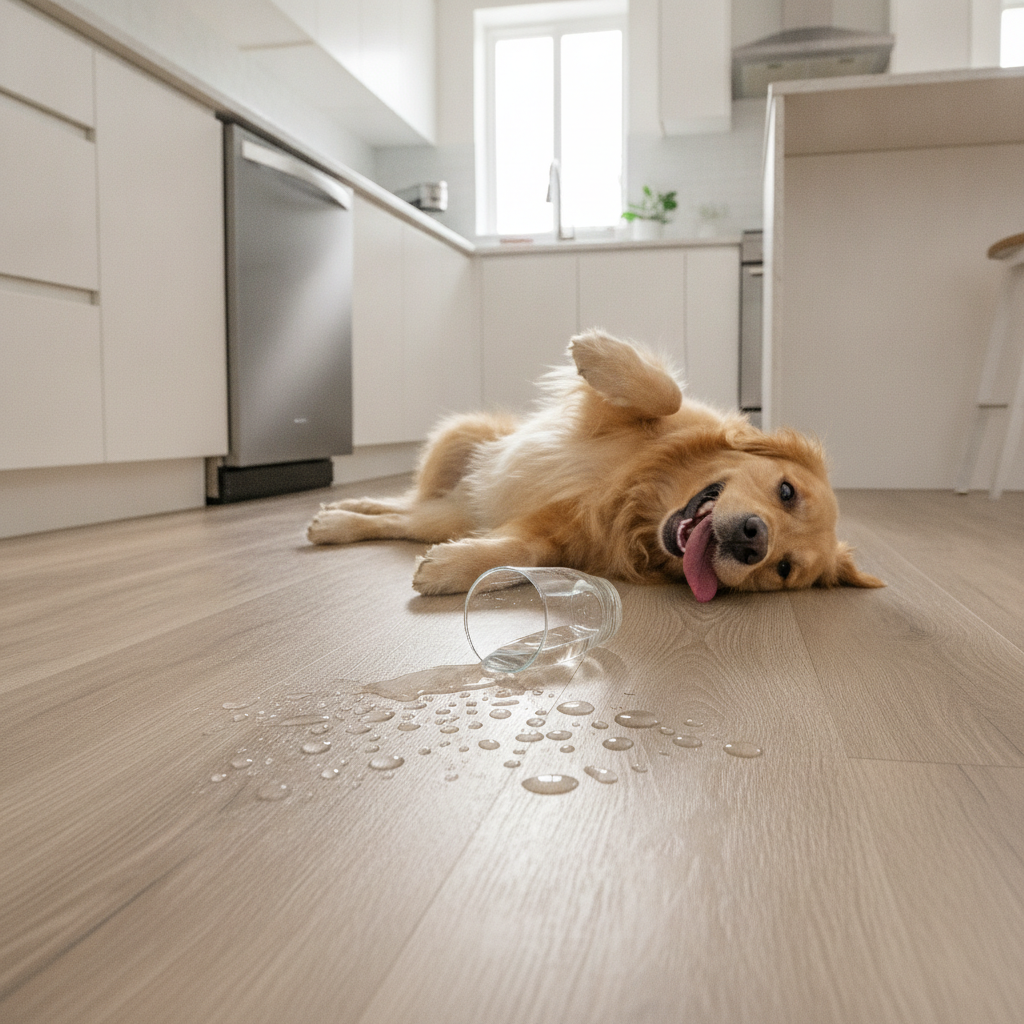 A happy golden retriever on a durable wood-look floor in a kitchen, with spilled water beading on the surface to show its waterproof quality.