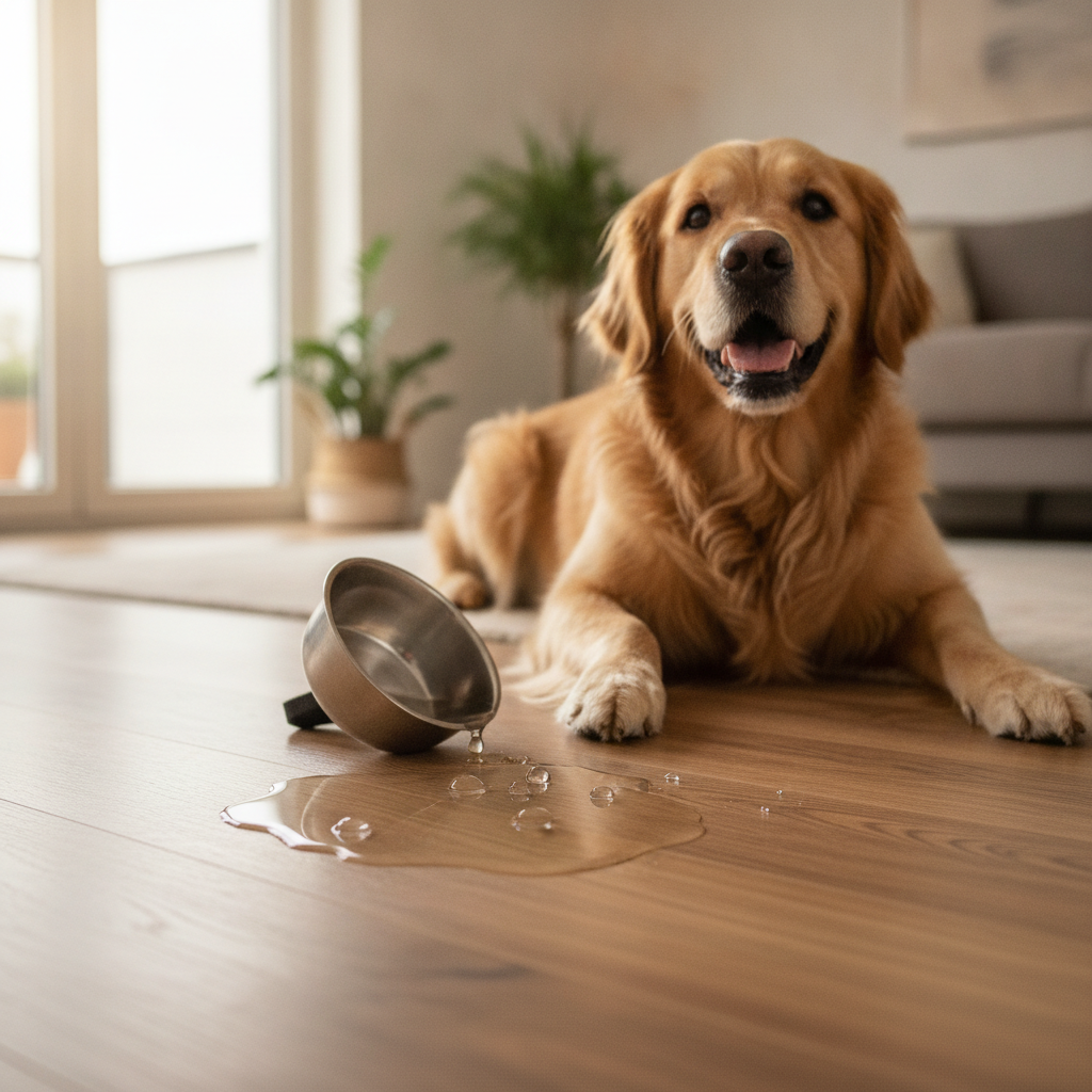 A heartwarming, photorealistic shot from a low angle showing a happy Golden Retriever lying on a beautiful waterproof hybrid floor. A spilled water bowl is nearby, with water beaded up perfectly on the surface of the planks, demonstrating the floor's waterproof quality.
