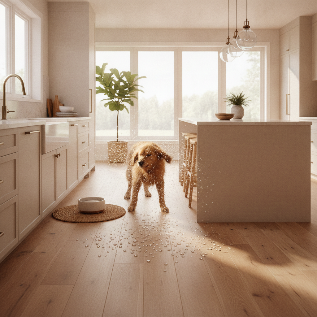 A golden retriever shakes water onto a light oak hybrid hardwood floor in a modern kitchen, with the water beading up on the surface, demonstrating its pet-friendly, waterproof nature.