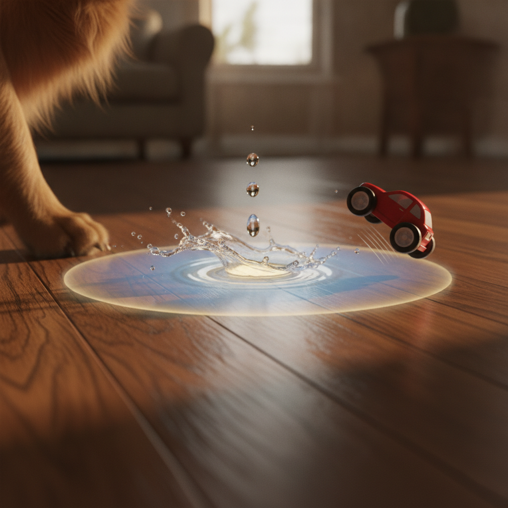 A macro shot of a hardwood floor with a glowing shield deflecting water, a dog's claw, and a toy car, illustrating the protective power of the floor's finish.