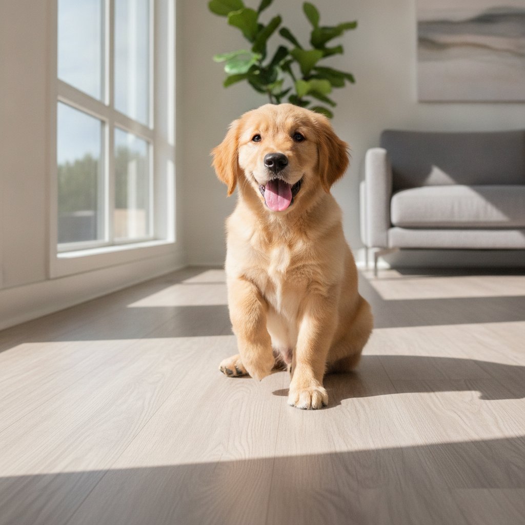 A photorealistic, eye-level shot of a happy Golden Retriever puppy sitting on a pristine, modern luxury vinyl plank floor. The puppy has one paw playfully lifted, with its claws just barely touching the floor's surface. The scene is brightly lit with natural light from a large window, creating a warm, inviting home atmosphere. The overall mood is a mix of adorable and slightly suspenseful, highlighting the tension between a beloved pet and a beautiful floor.