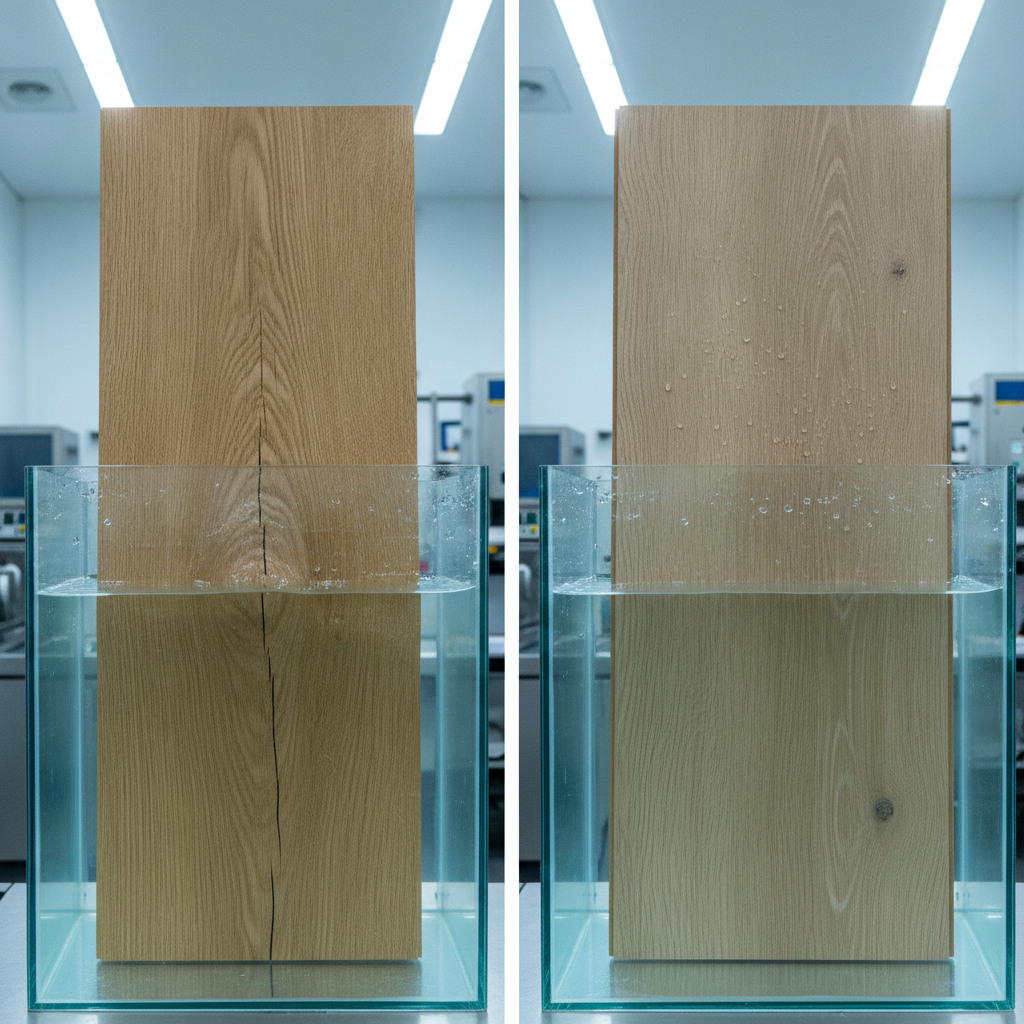 A split-screen comparison showing a warped solid oak plank in water next to a perfectly flat waterproof hybrid hardwood plank in water, demonstrating the latter's superior water resistance.