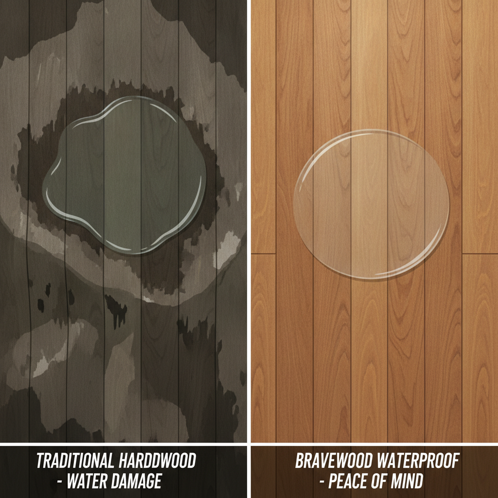 Split-screen comparison showing a water-damaged, buckled traditional hardwood floor on the left and a pristine, waterproof Bravewood floor with water pooled harmlessly on top on the right.